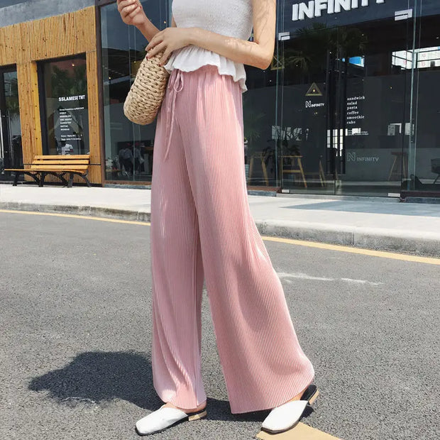 Silk Trousers Elastic Waist Loose Casual Pants