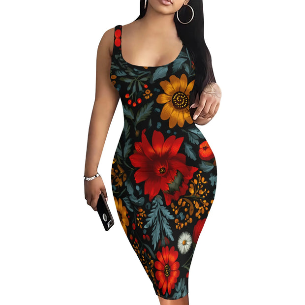 Neck Geometric Ethnic Print Fitted Party Cocktail Club Night Out Dress