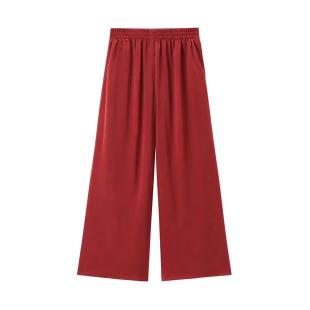 Solid Color Folded Chic Female Elastic High Waist Wide Leg Trousers