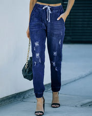 Latest Fashion Commuting Style Drawstring Ripped Pocket Daily Versatile Jeans