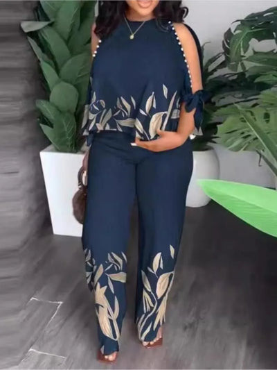 Two Piece Sets Neck Hollow Sleeves Top & Wide Leg Trousers Suit