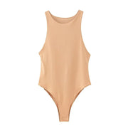 Beige slim fit women's sleeveless bodysuit with high stretch polyester cotton fabric for casual and club wear