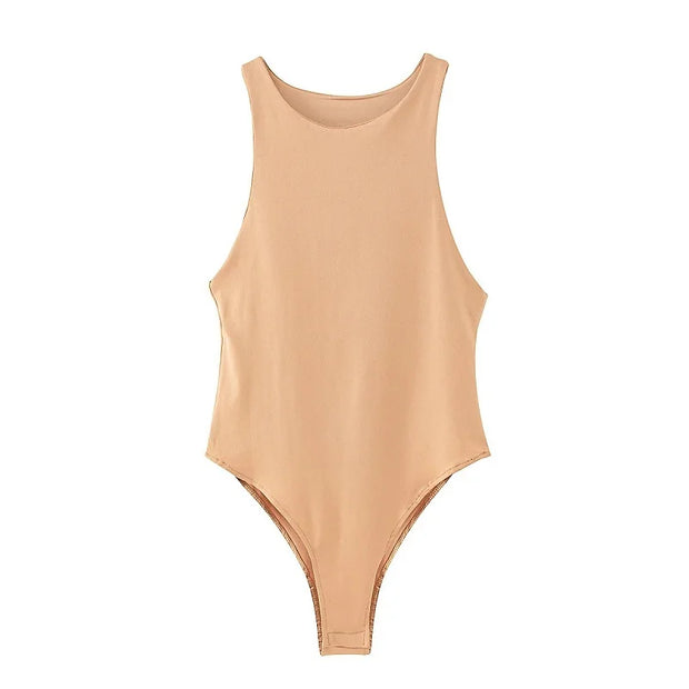 Beige slim fit women's sleeveless bodysuit with high stretch polyester cotton fabric for casual and club wear
