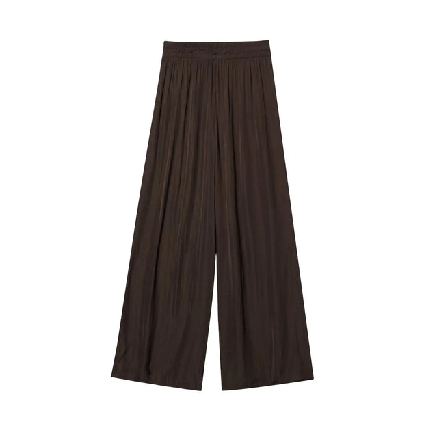 Solid Color Folded Chic Female Elastic High Waist Wide Leg Trousers