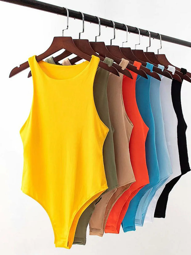 Collection of women's slim fit casual bodysuits in eight colors hanging on wooden hangers