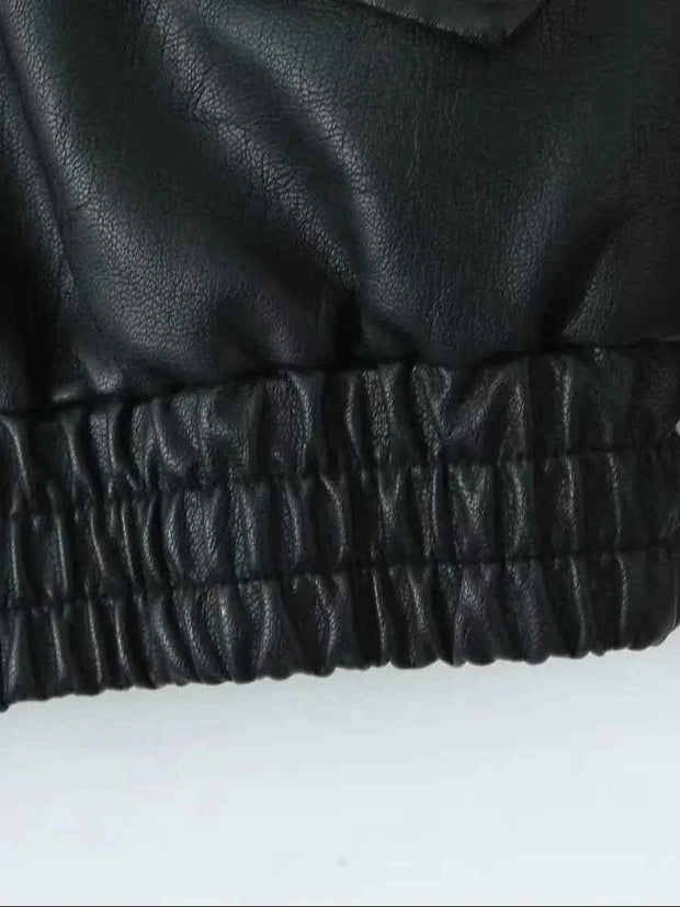 Black PU Faux Leather Jacket Spring Autumn Lady Vintage Zipper Coat