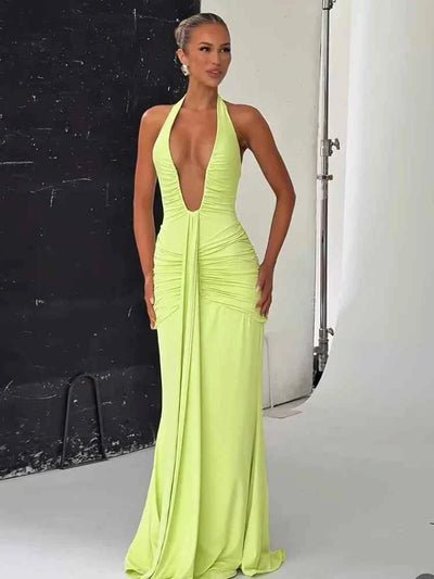 Slim fit classic solid low neck backless sheath long dress with ribbons in light green polyester blend for women