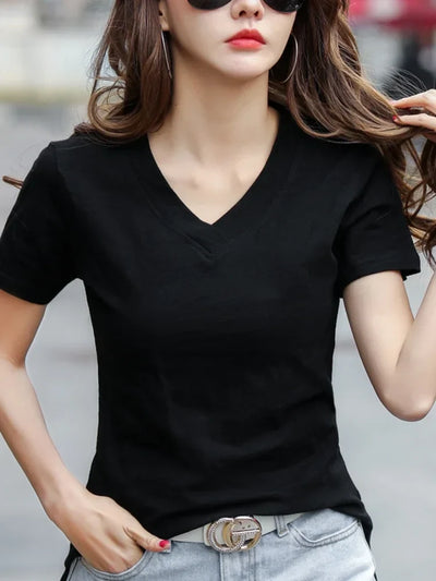 Woman wearing black solid cotton V-neck T-shirt with short sleeves and casual style