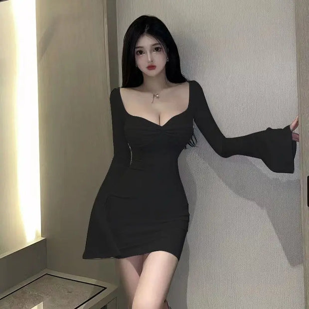 Bell Sleeve Sexy Square Neck LowCut Cocktail Club Party Mini Short Dress