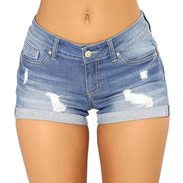 Shorts Jeans Ripped Mid Waist Solid Color Soft Short Jeans
