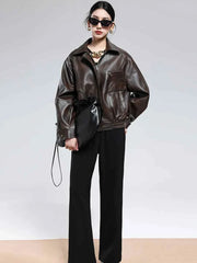 Hard Distressed Brown Pu Leather Jacket Women Zipper Retro Clothes