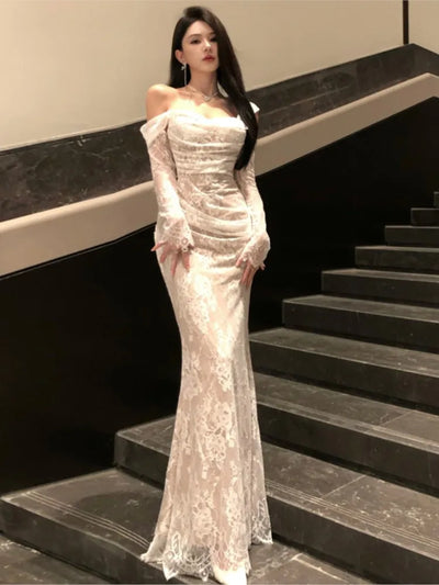 Solid Slim Slash Neck Vintage Party Long Dress Female Clothes Chic Robe
