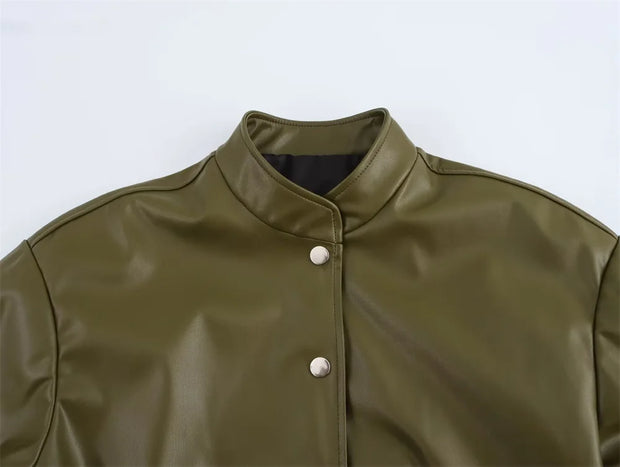 New Winter Imitation Leather Cropped Jacket for Women Casual Chic Ladies Clothes