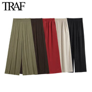 Solid Color Folded Chic Female Elastic High Waist Wide Leg Trousers