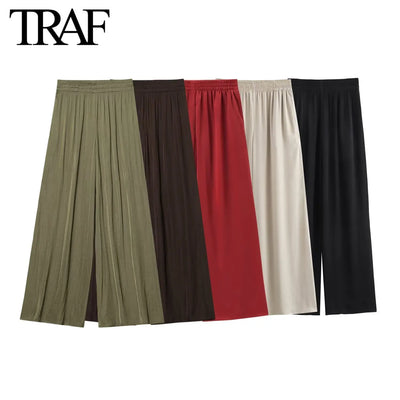 Solid Color Folded Chic Female Elastic High Waist Wide Leg Trousers