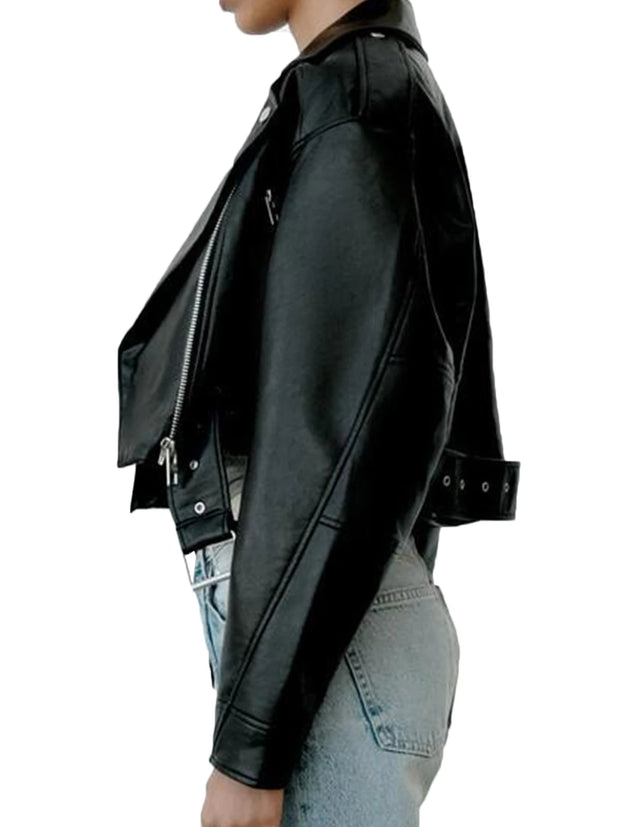 Casual Lady Lapel Zipper Short Leather Jacket High Street Motorcycle Coat