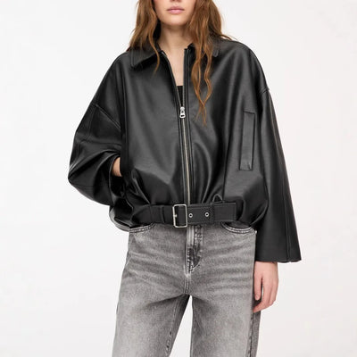 Women’s black faux leather PU coat with turn-down collar and zipper pockets, casual autumn streetwear jacket