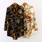 Vintage women shirts in black and white with geometric gold chain print, long chiffon loose fit tops for spring and summer
