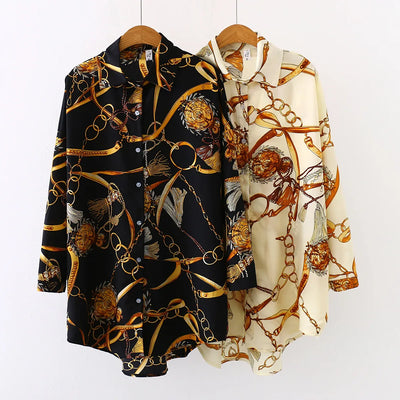 Vintage women shirts in black and white with geometric gold chain print, long chiffon loose fit tops for spring and summer