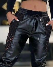 Solid Color Contrast PU Lace Insert Pocket Drawstring High Waist Cuffed Pants