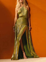 Elegant sleeveless backless lady robe with halter neckline and pleated maxi skirt in metallic gold