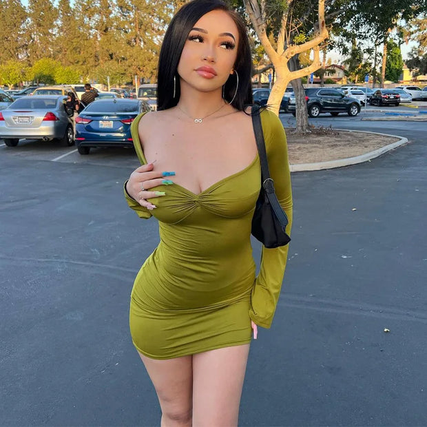 Bell Sleeve Sexy Square Neck LowCut Cocktail Club Party Mini Short Dress