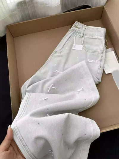 Women's Light Blue Baggy Bow Jeans Harajuku Aesthetic Denim Trousers Y2k Vintage Japanese 2000s Style Jean Pants Trashy Clothes