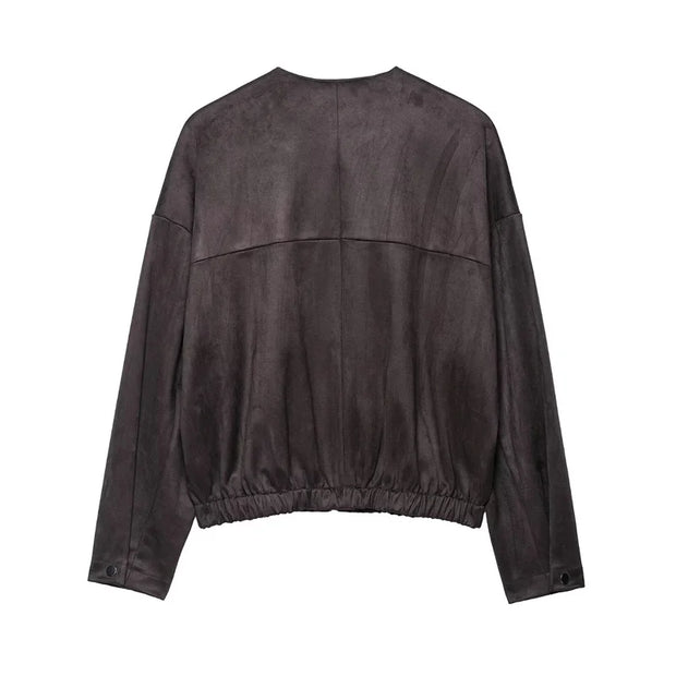 Suede Effect Jacket Spring and Autumn Crew Neck Street Vintage Women's Top